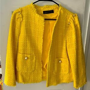 Bright Yellow Tweed Blazer with Pearls - Zara